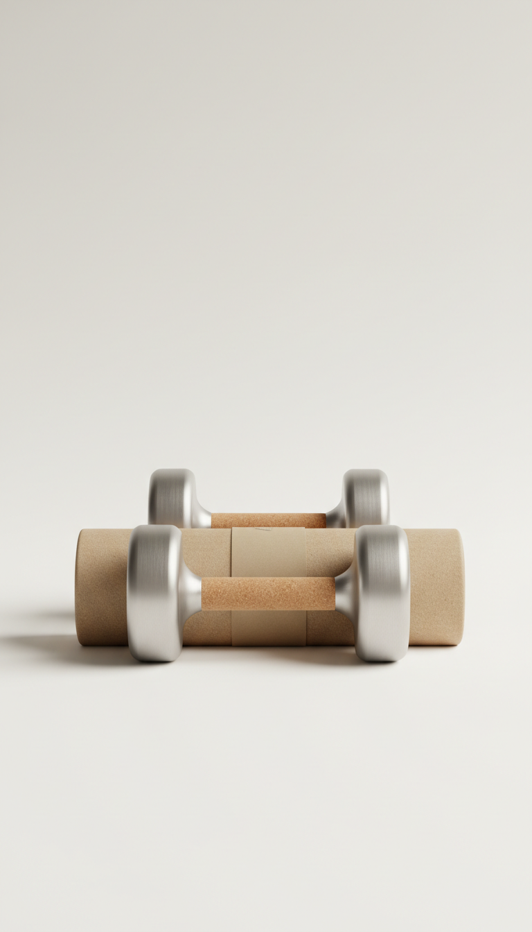 A set of minimalist dumbbells centered within the frame, eco-friendly design is emphasized by soft, ensuring focus on its...