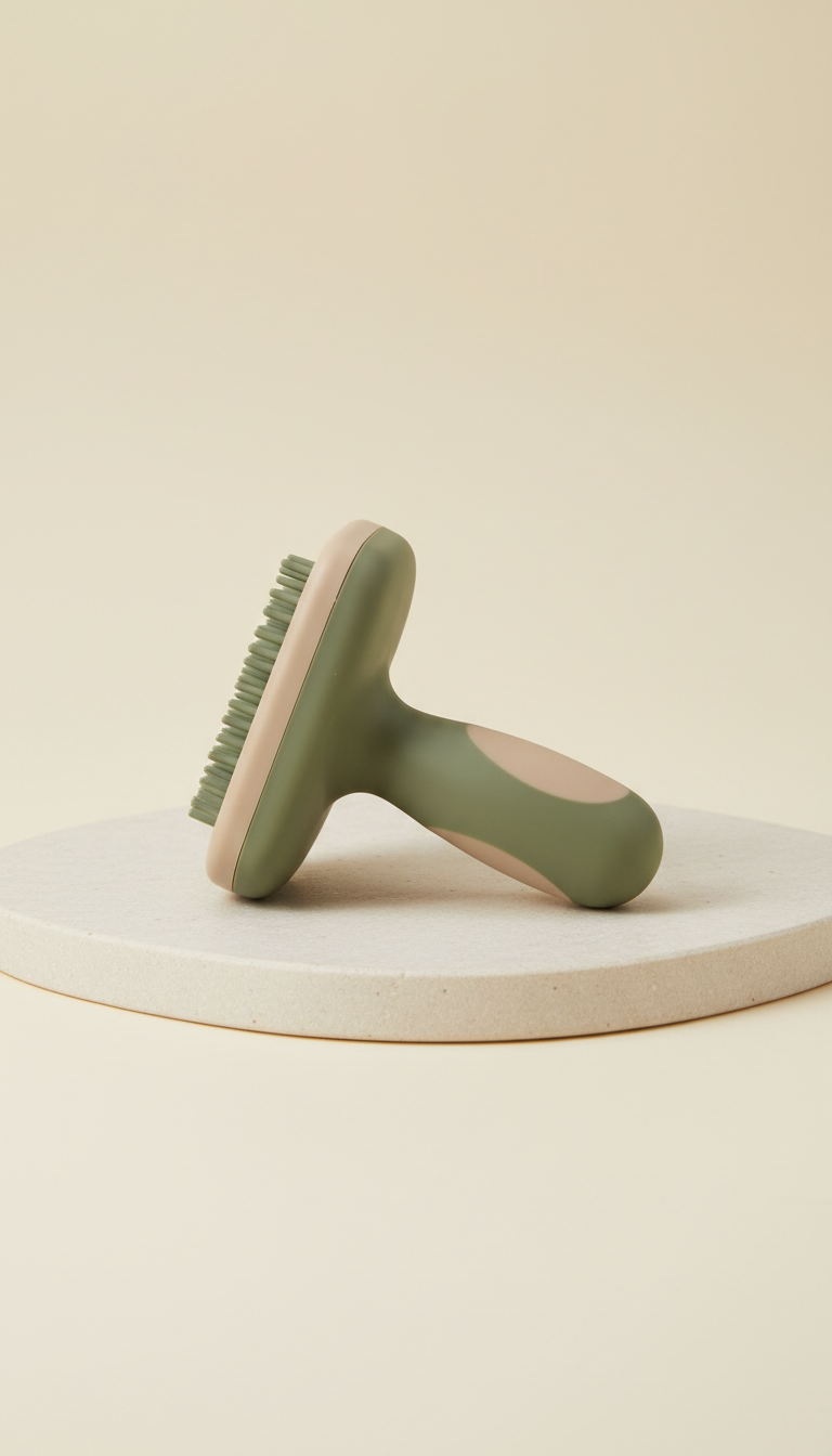 Ergonomic grooming brush, use a 3/4 angle to capture the ergonomic design of the products on a clean, natural surface like...