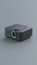 Use a 3/4 angle to showcase the projector's design and features clearly. The background should be a soft, neutral slate...