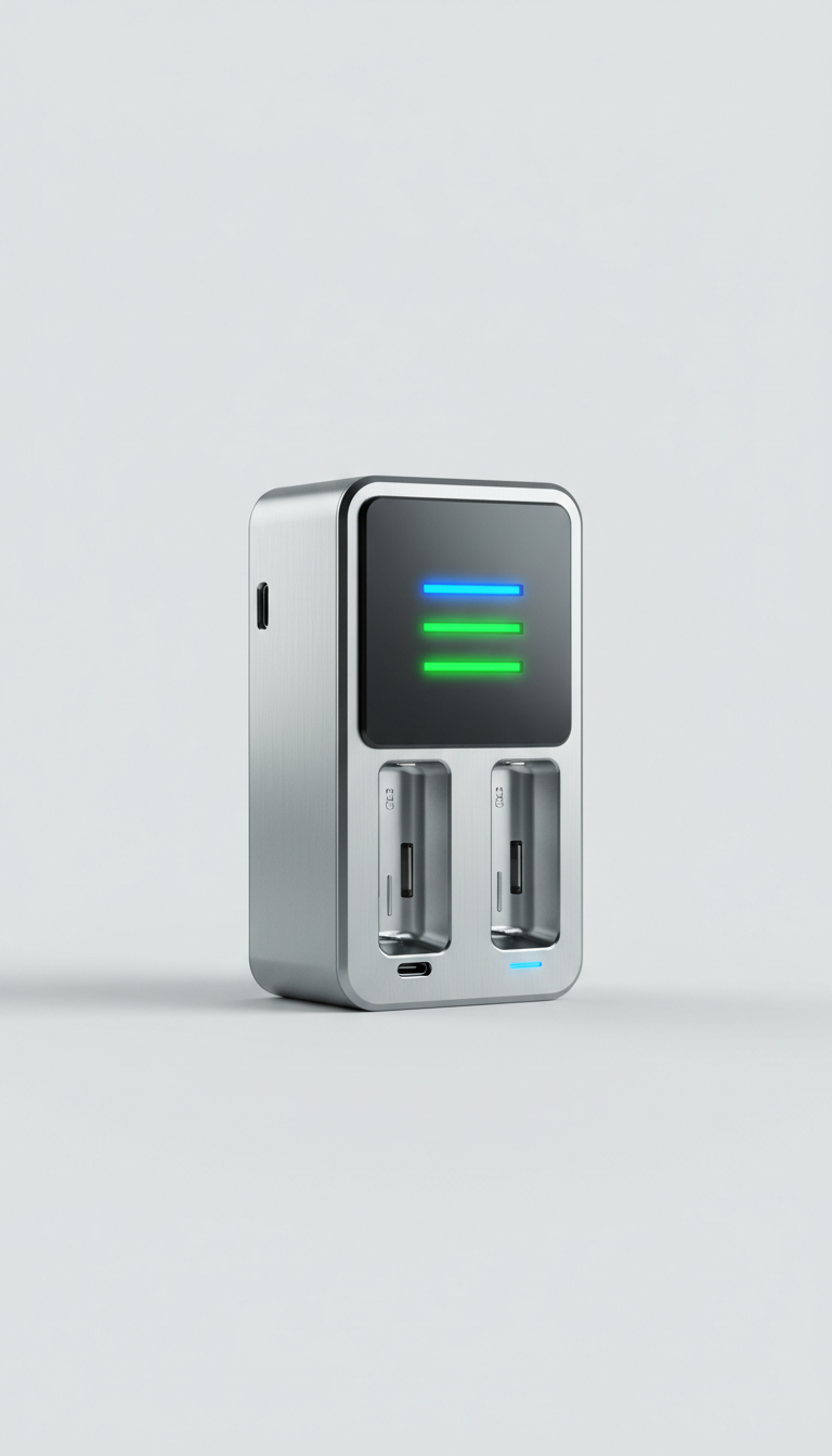 A high-performance charger positioned centrally on a Light Gray background, with soft, with a subtle shadow beneath for a...