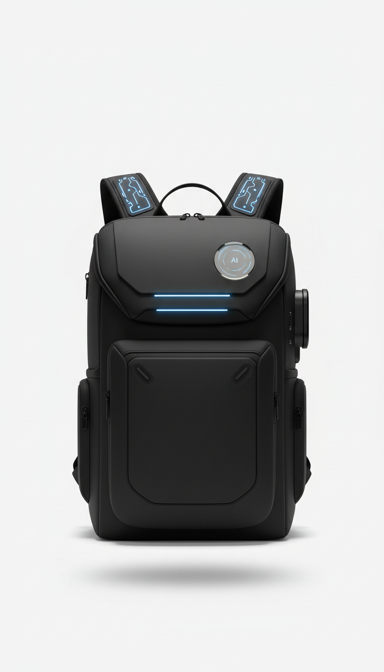 A perfectly centered, straight-on shot of a smart fashion backpack in Jet Black, with soft, even illumination and a subtle...