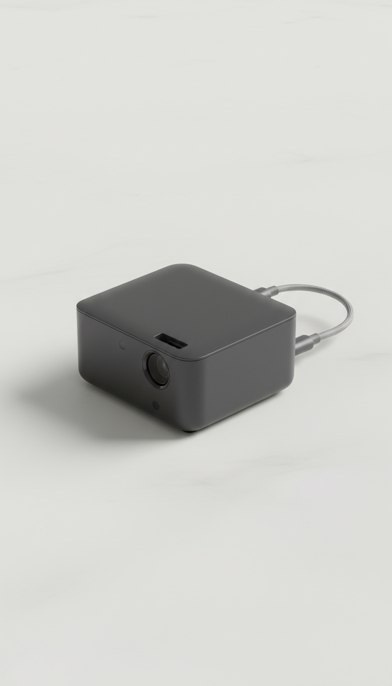 Salange projector top view with HDMI cable, Hero angle: 3/4 front with slight elevation, capturing both top surface and...