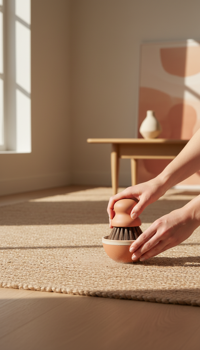 Modern terracotta utility brush with base in use