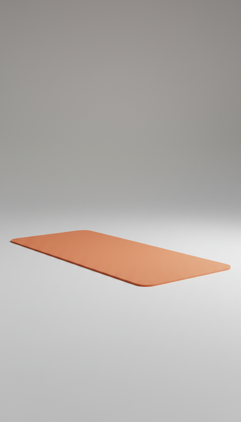 Capture a Tangerine yoga mat at a 3/4 angle on a neutral Cloud Gray backdrop. The mat is perfectly centered with soft,...