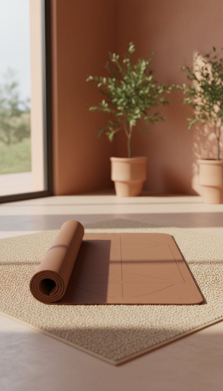 A perfectly centered Tuscan Brown yoga mat from Earth & Flow, captured straight-on with a 50mm lens. The mat is placed on...